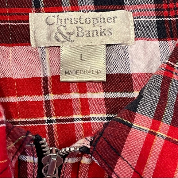 Vintage 90’s Christopher & Banks Red Plaid Zip Up Front Shirt Vest Size Large - Picture 9 of 11